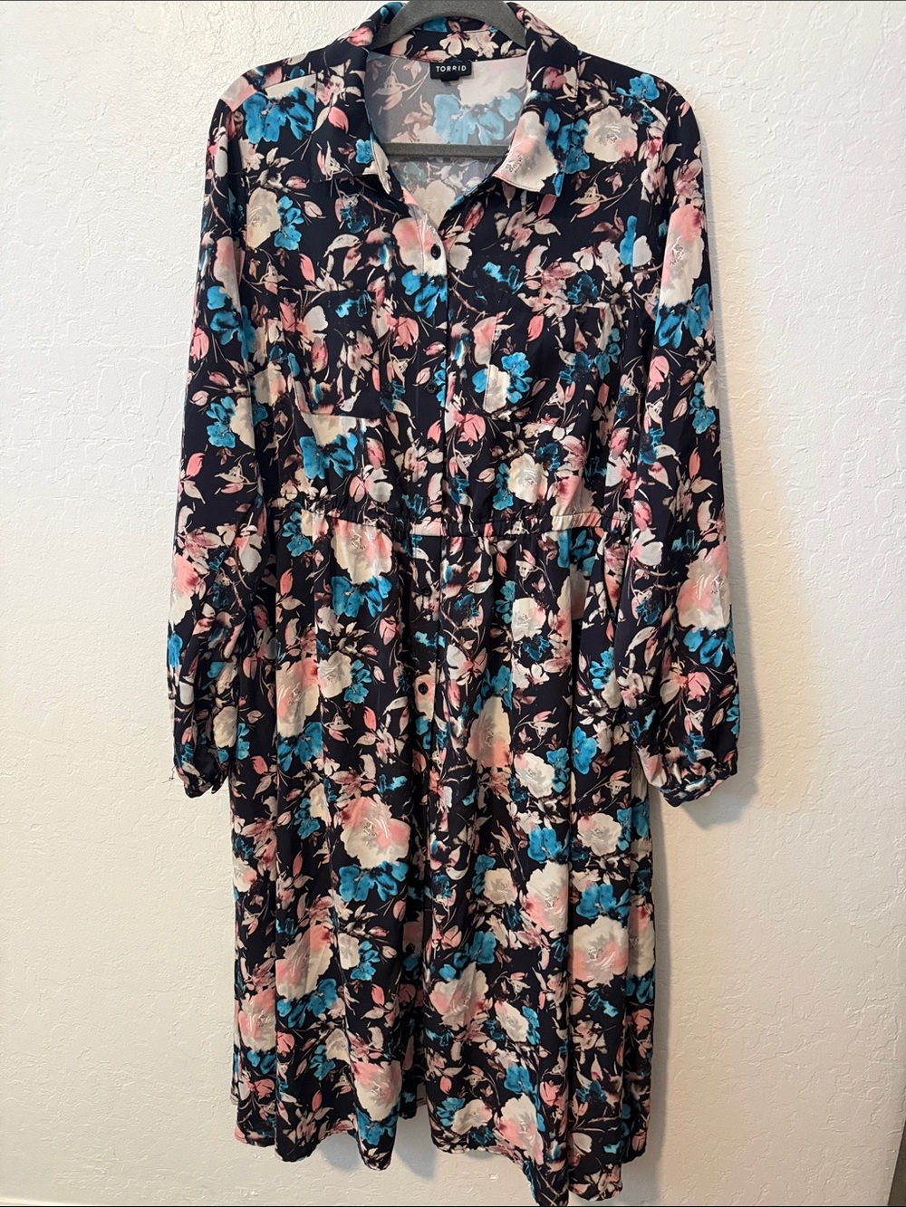 torrid Navy Floral Button-Front Shirt Dress with Blue & Pink Blooms